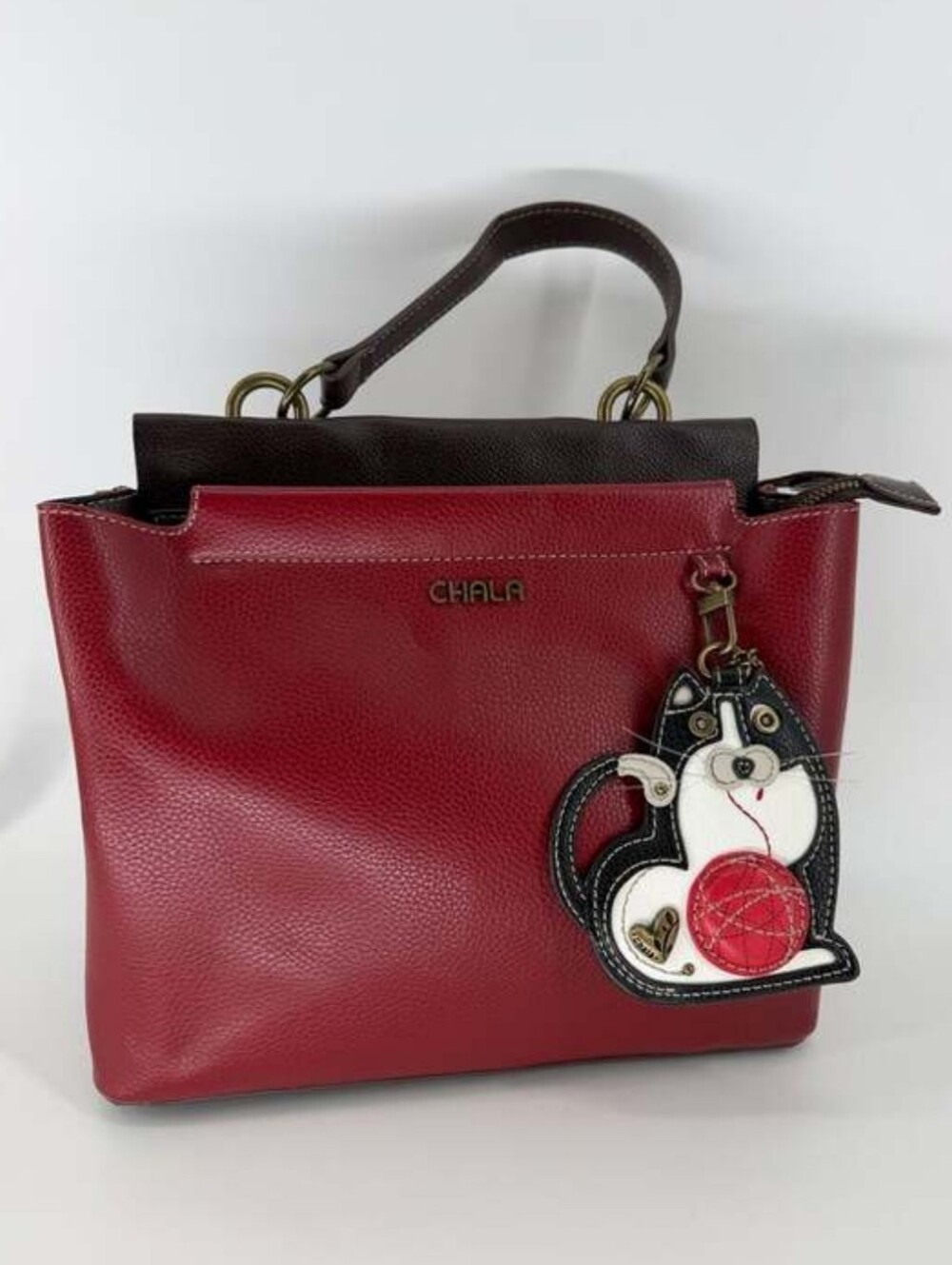 CHALA BURGUNDY SATCHEL HANDBAG w/ FAT CAT COIN PURSE CHARM Whimsical Purse